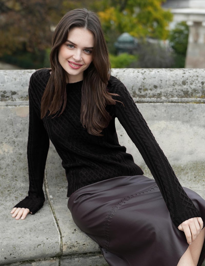 v28 Women Crew Neck Korea Knit Stretchable Elasticity Long Sleeve Sweater Jumper (M, Black) - Image 4
